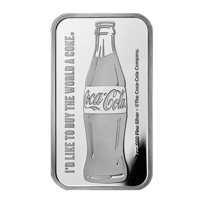 A picture of a 1 oz Coca-Cola® Pure Silver Bar